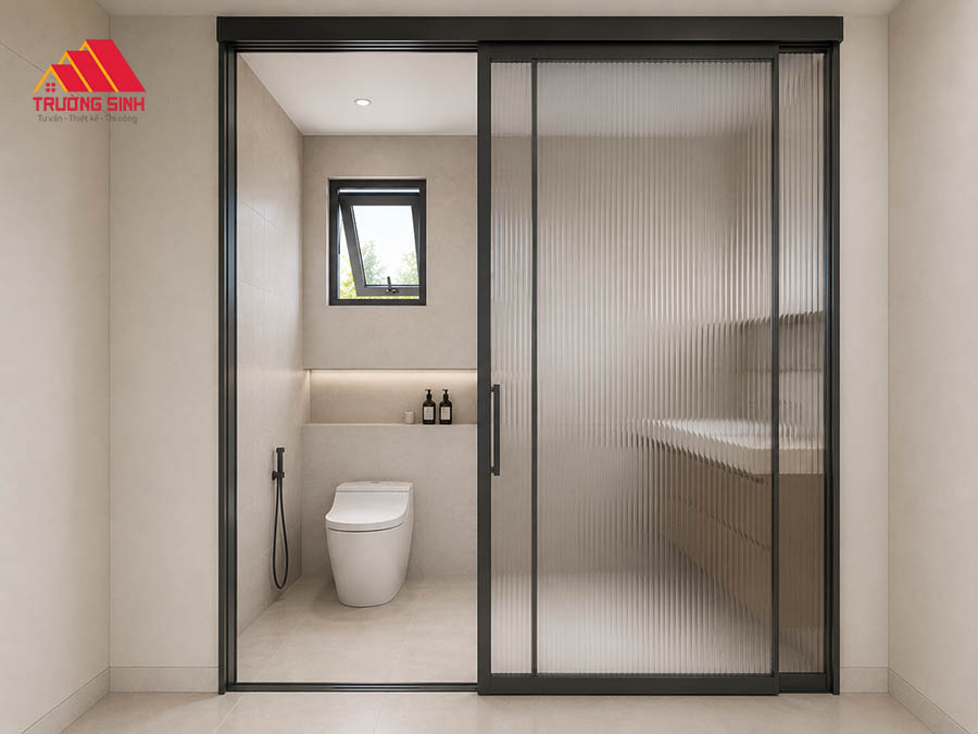 Thiết kế cửa nhôm kính nhà vệ sinh trượt lùa với kính sọc